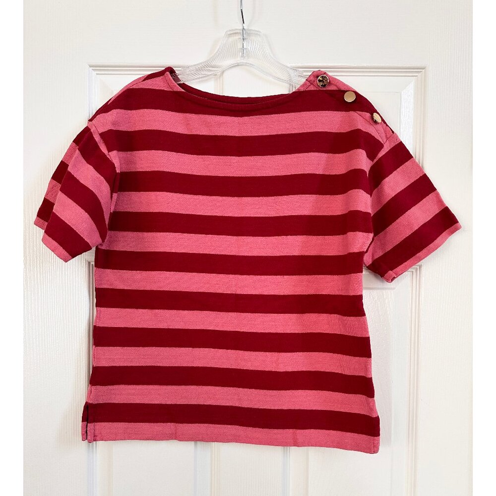 LOFT Button Shoulder Pink Red Stripe Short Sleeve Tee - Size XS